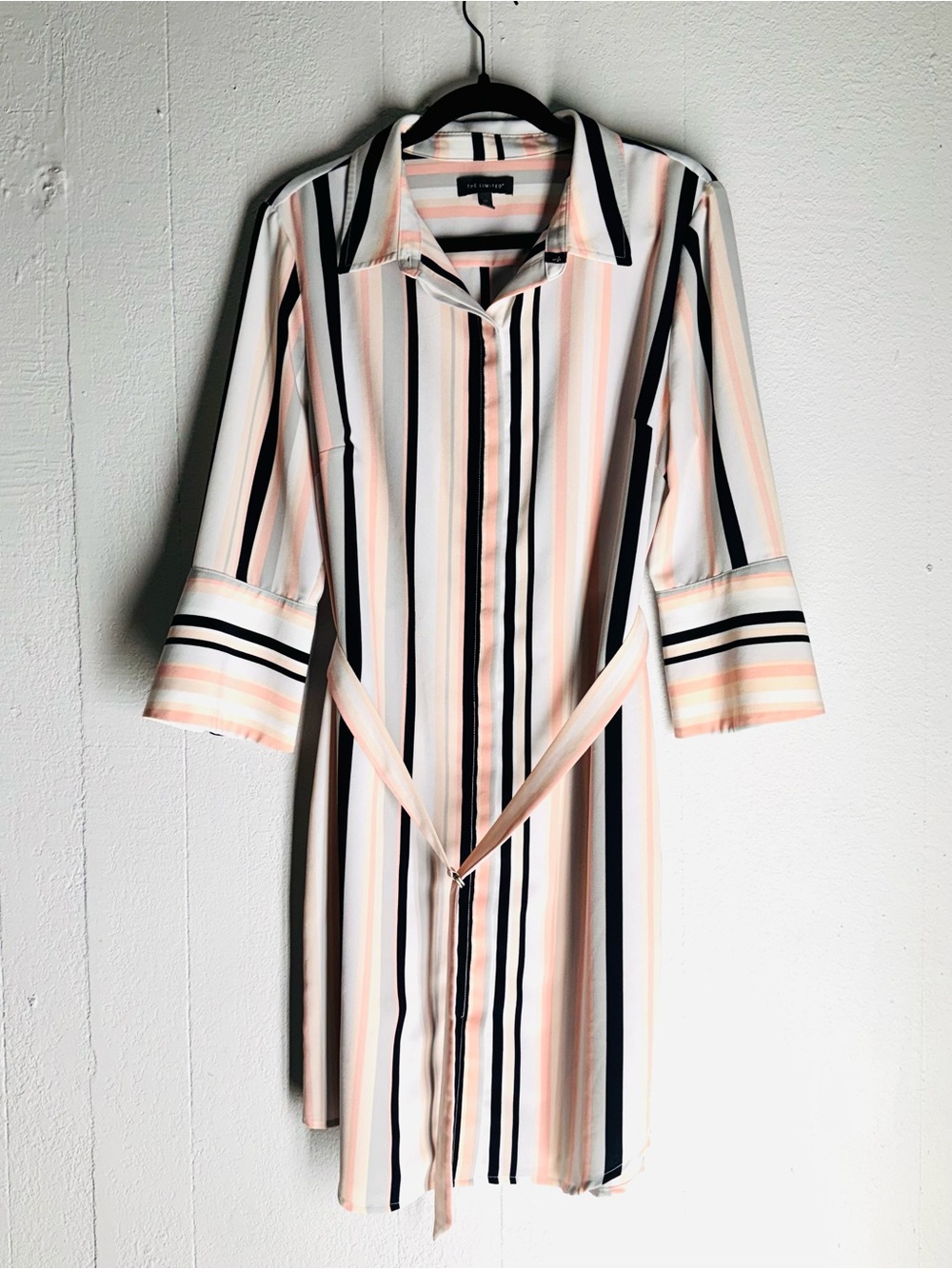 The Limited Striped Shirt Dress Sz 12 Neutral Vertical Stripes Belted 3/4 Cuff